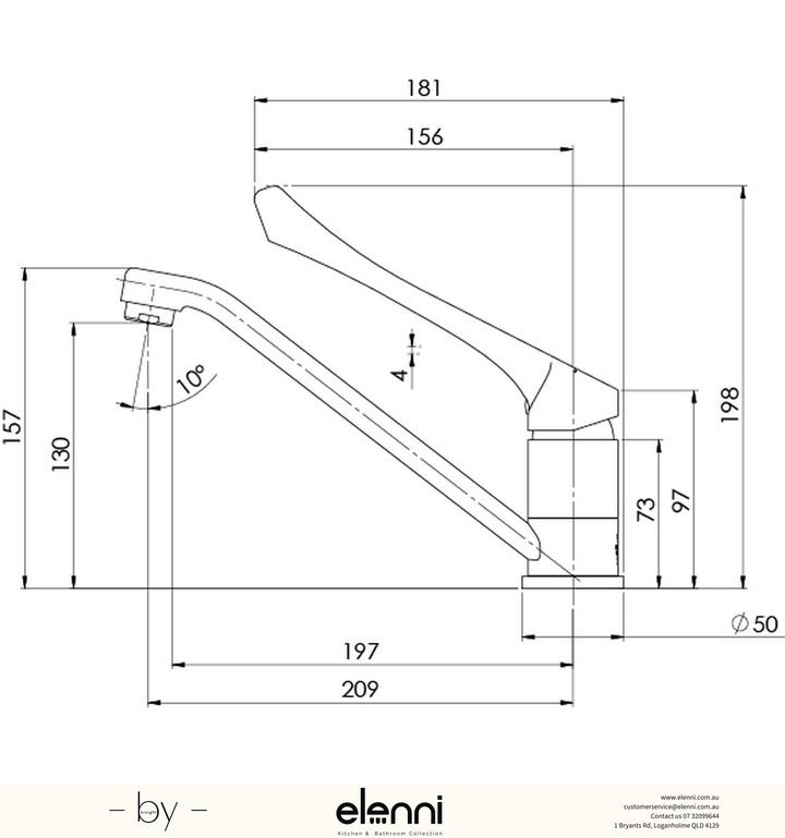 Ivy MKII Extended Handle Swivel Sink Mixer - Lead Free - Elenni specification drawing