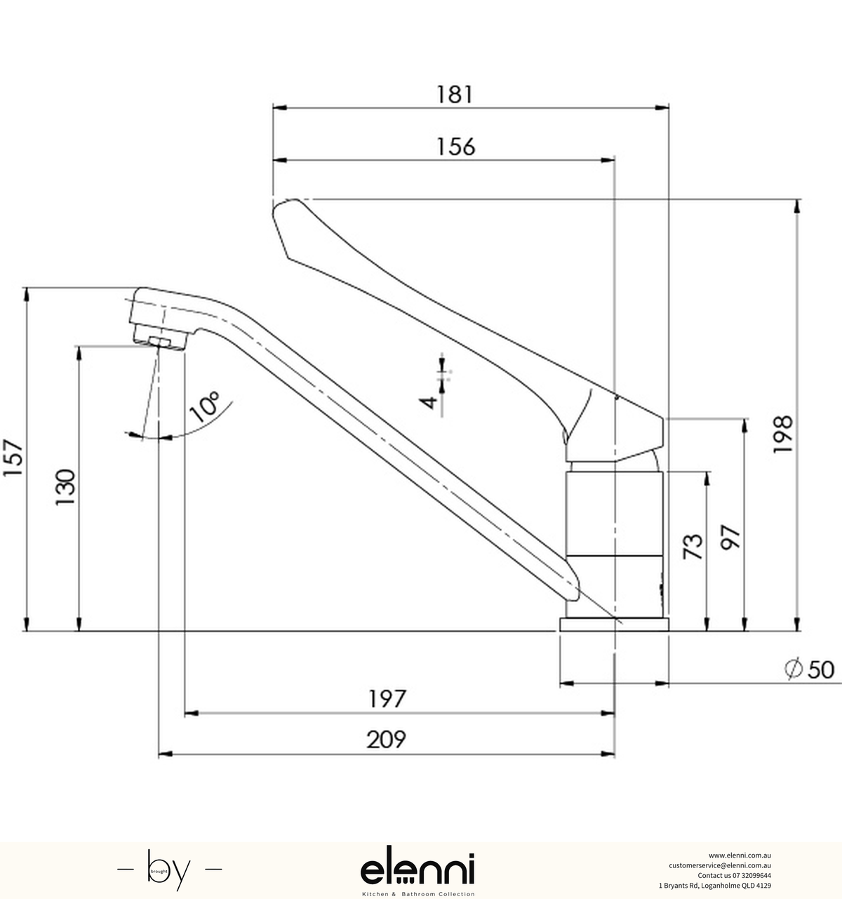 Ivy MKII Extended Handle Swivel Sink Mixer - 6 Star - Lead Free - Elenni specification drawing