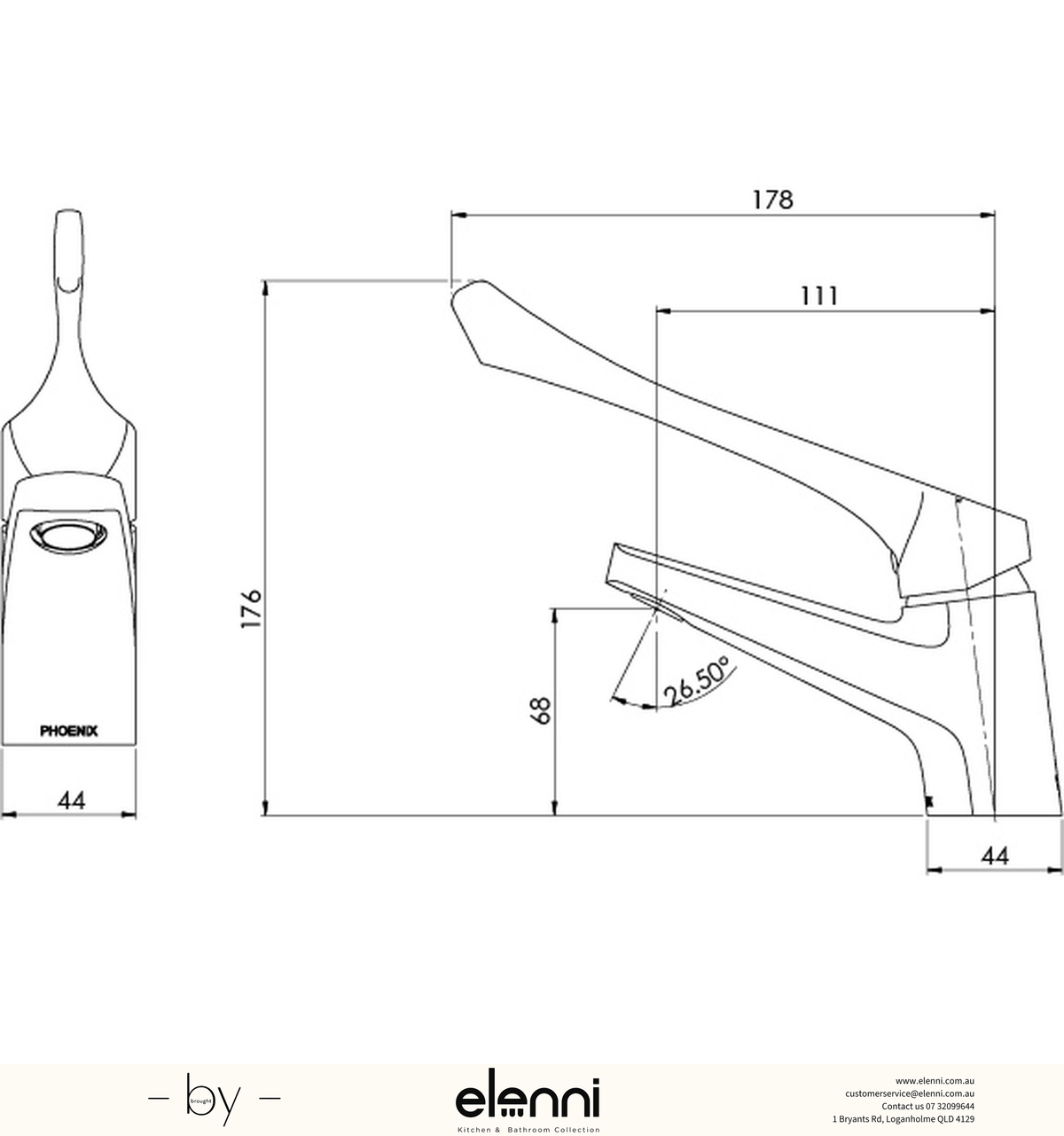 Ivy MKII Extended Handle Fixed Basin Mixer - Lead Free - Elenni specification drawing