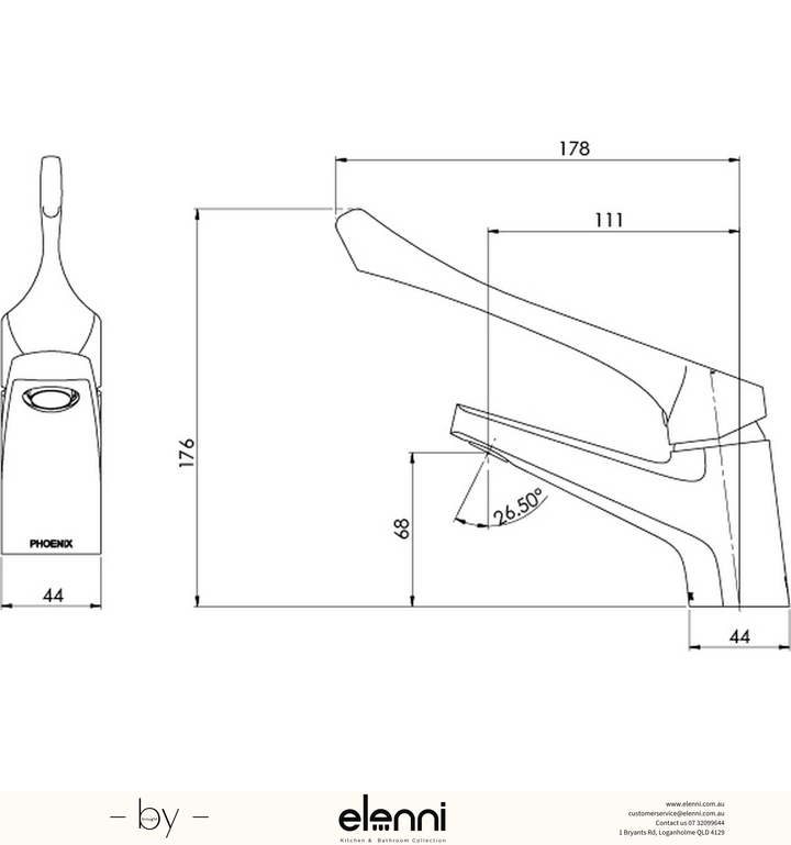 Ivy MKII Extended Handle Fixed Basin Mixer - Lead Free - Elenni specification drawing