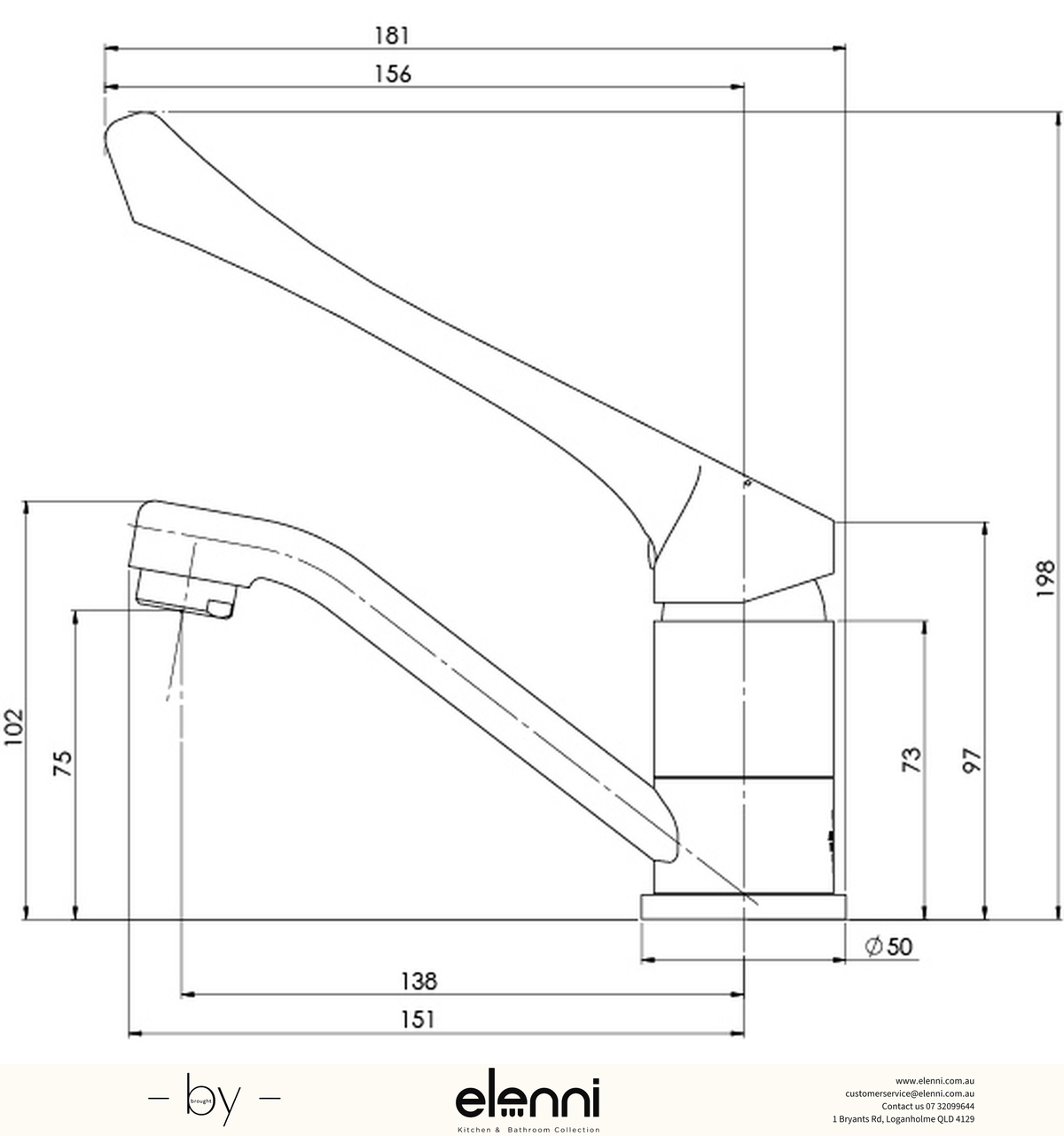 Ivy MKII Extended Handle Swivel Basin Mixer - Lead Free - Elenni specification drawing