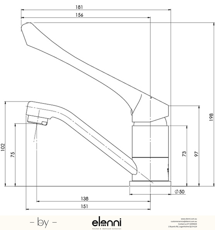 Ivy MKII Extended Handle Swivel Basin Mixer - 6 Star - Lead Free - Elenni specification drawing
