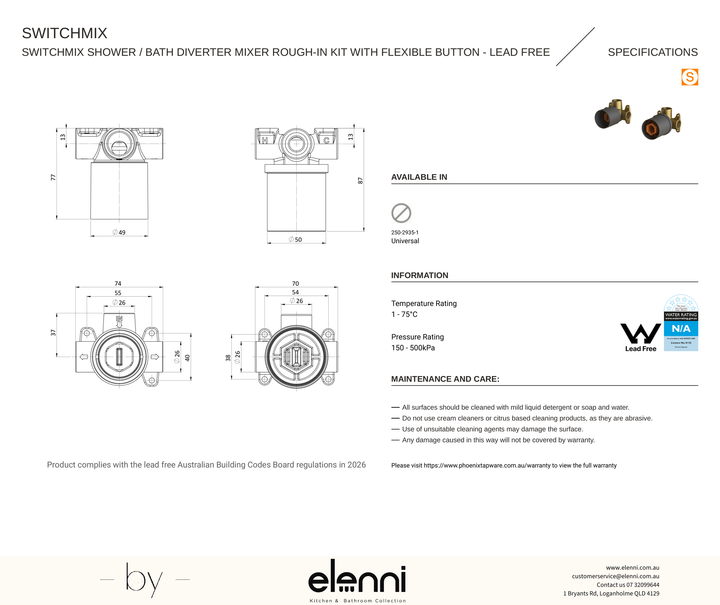 SwitchMix Shower / Bath Diverter Mixer Rough-In Kit with Flexible Button - Elenni specification drawing