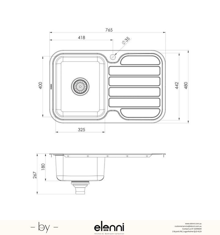 1000 Series Single Left Hand Bowl Sink with Drainer and Taphole - Stainless Steel - Elenni specification drawing
