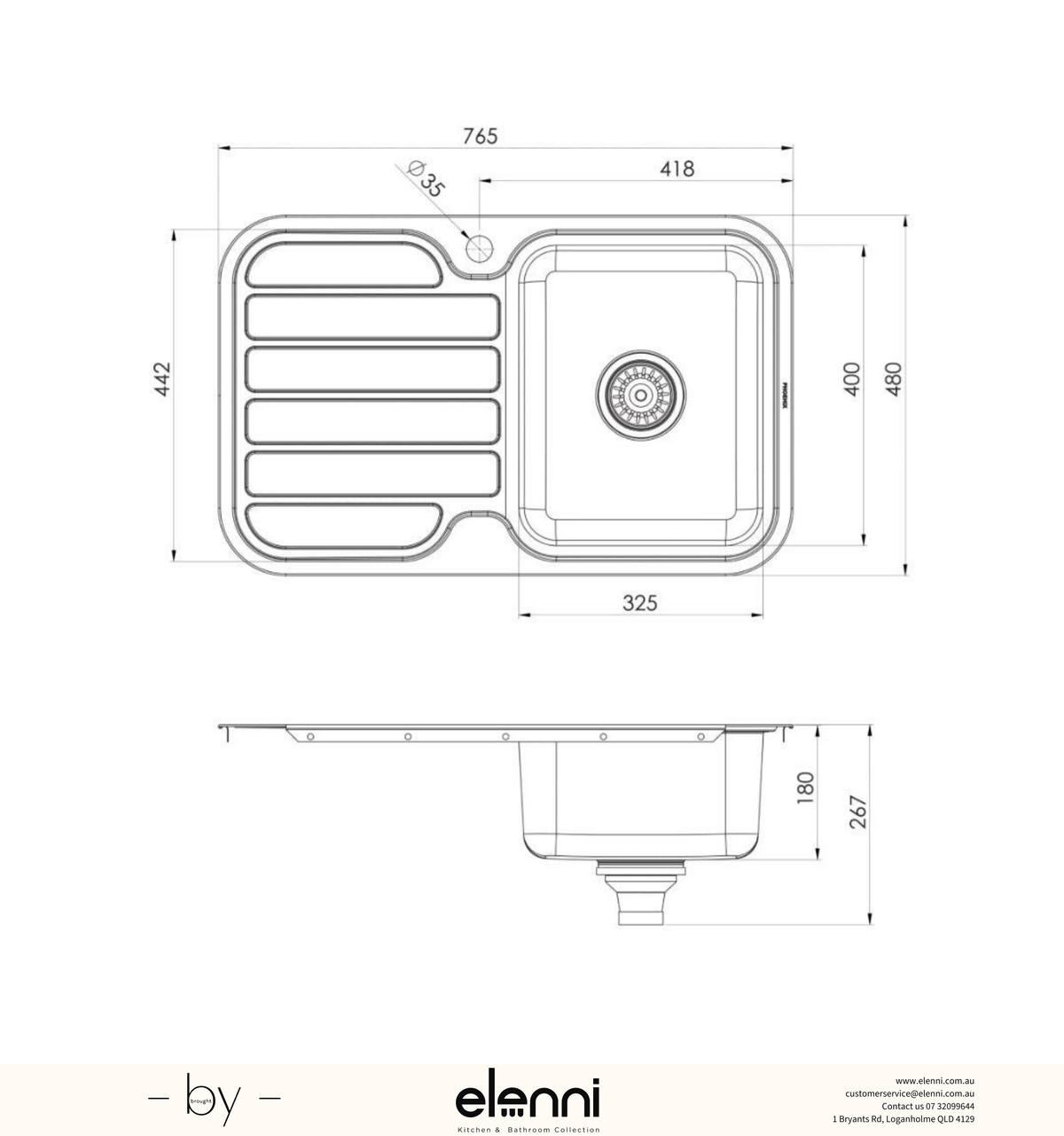 1000 Series Single Right Hand Bowl Sink with Drainer and Taphole - Stainless Steel - Elenni specification drawing