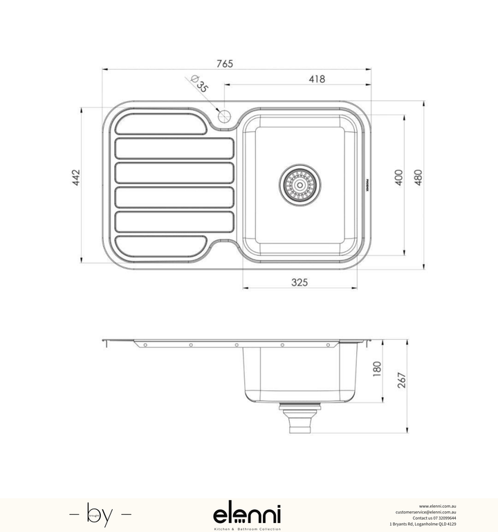 1000 Series Single Right Hand Bowl Sink with Drainer and Taphole - Stainless Steel - Elenni specification drawing