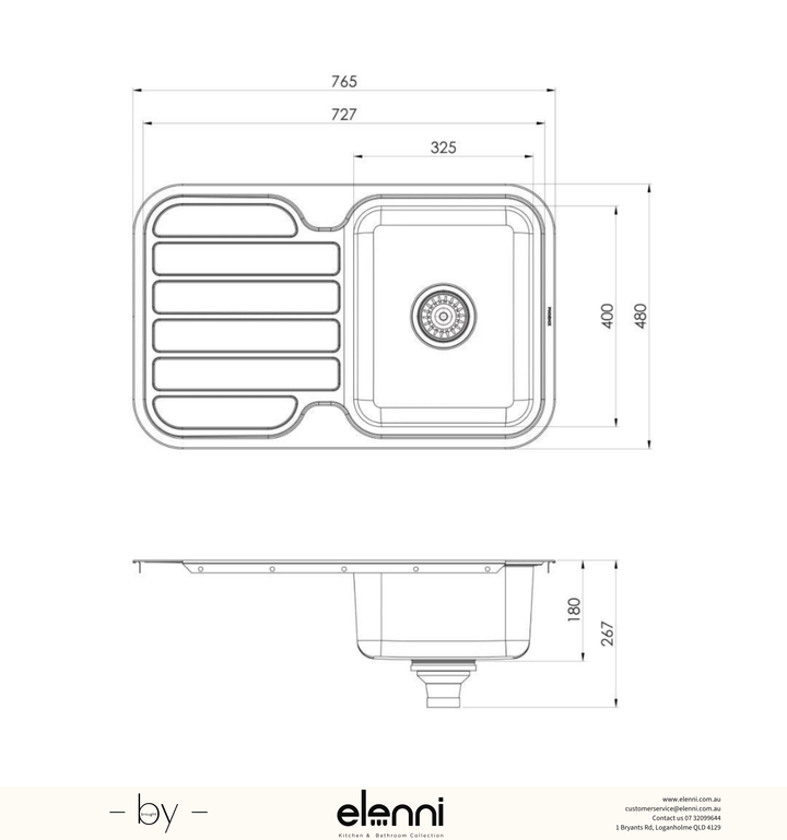 1000 Series Single Bowl Sink with Drainer and No Taphole - Stainless Steel - Elenni specification drawing