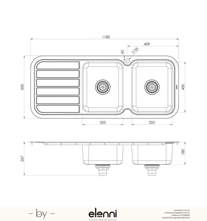 1000 Series Double Right Hand Bowl Sink with Drainer and Taphole - Stainless Steel - Elenni specification drawing