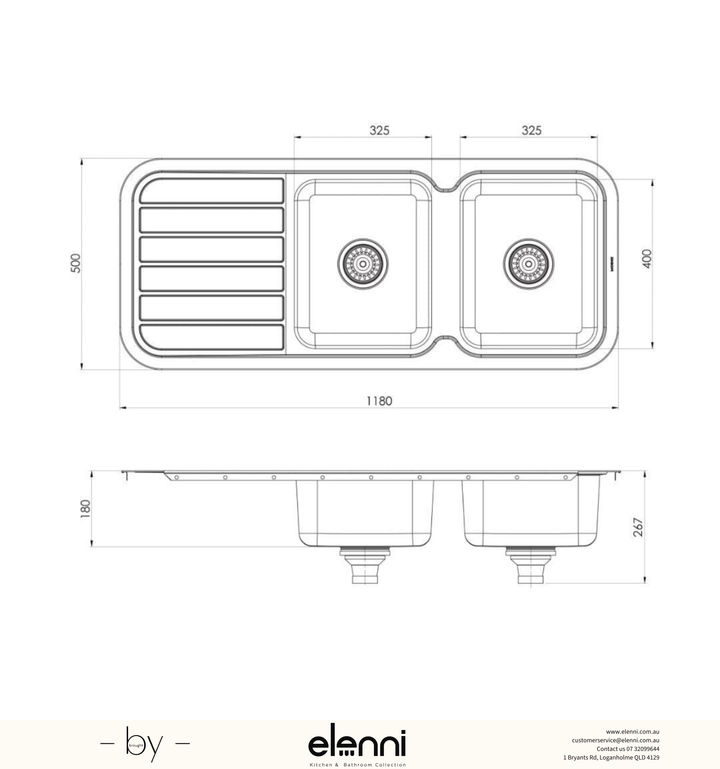 1000 Series Double Bowl Sink with Drainer and No Taphole - Stainless Steel - Elenni specification drawing