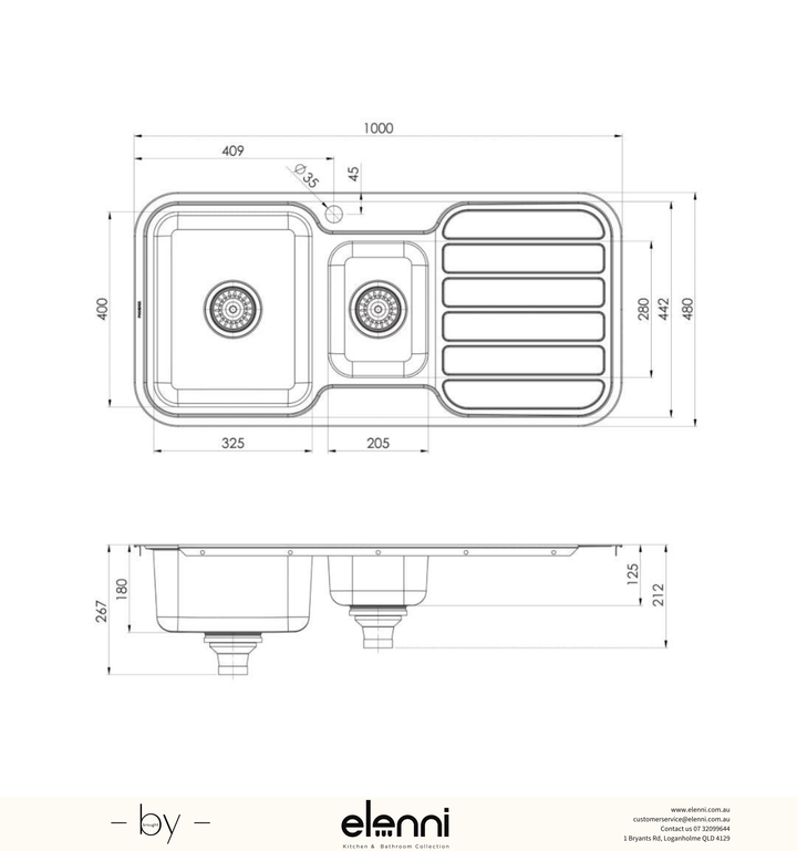 1000 Series 1 and 1/3 Left Hand Bowl Sink with Drainer and Taphole - Stainless Steel - Elenni specification drawing