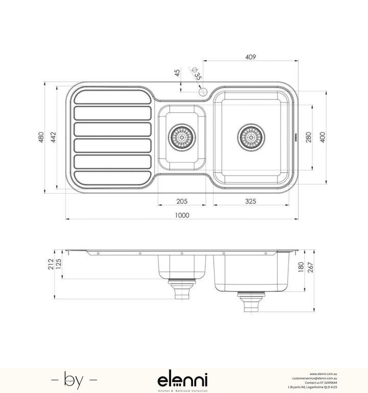 1000 Series 1 and 1/3 Right Hand Bowl Sink with Drainer and Taphole - Stainless Steel - Elenni specification drawing