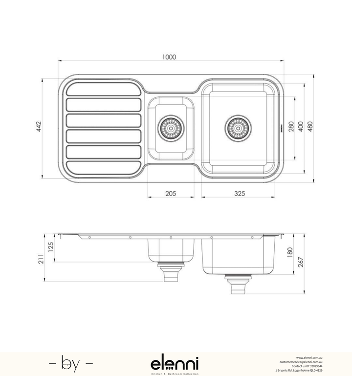 1000 Series 1 and 1/3 Bowl Sink with Drainer and No Taphole - Stainless Steel - Elenni specification drawing