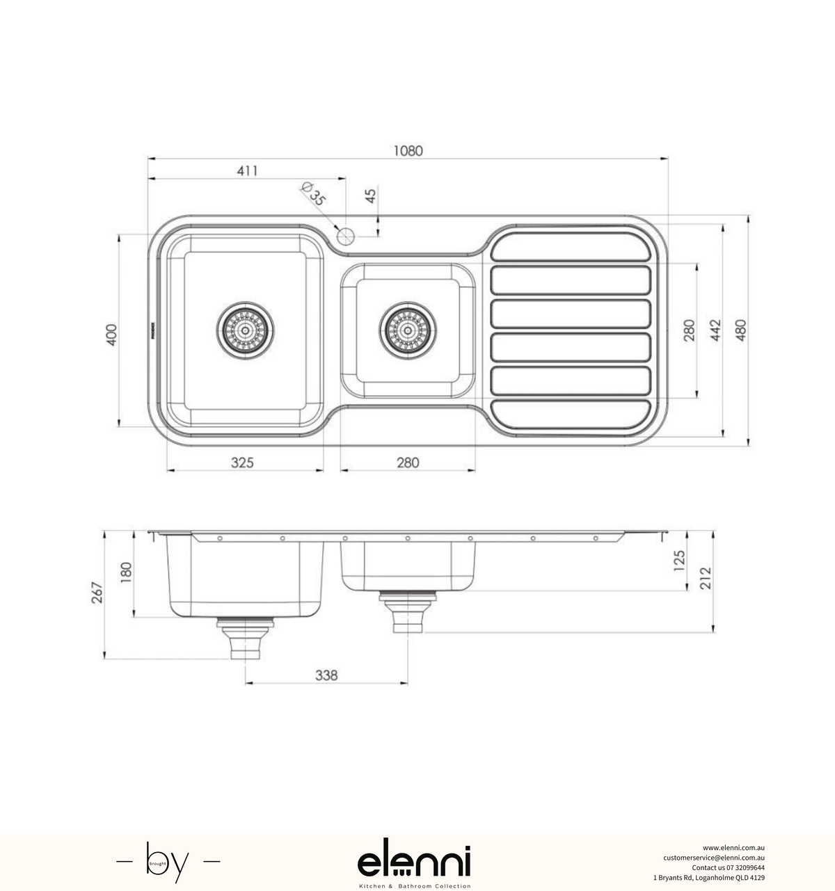 1000 Series 1 and 3/4 Left Hand Bowl Sink with Drainer and Taphole - Stainless Steel - Elenni specification drawing