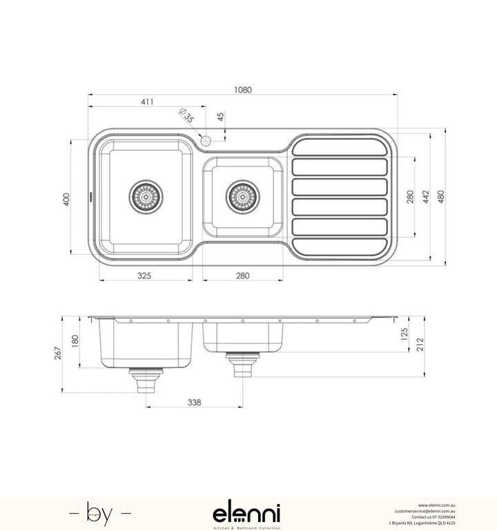 1000 Series 1 and 3/4 Left Hand Bowl Sink with Drainer and Taphole - Stainless Steel - Elenni specification drawing
