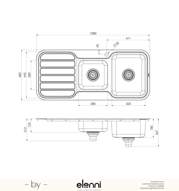 1000 Series 1 and 3/4 Right Hand Bowl Sink with Drainer and Taphole - Stainless Steel - Elenni specification drawing
