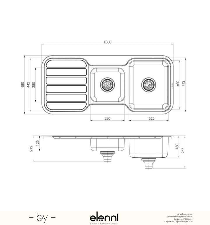 1000 Series 1 and 3/4 Bowl Sink with Drainer and No Taphole - Stainless Steel - Elenni specification drawing