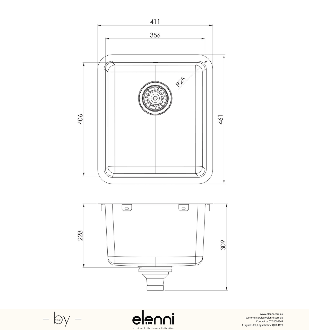 2000 Series Single Bowl Sink - Stainless Steel - Elenni specification drawing
