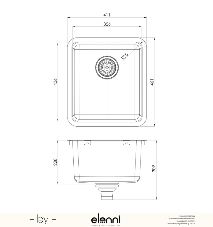 2000 Series Single Bowl Sink - Stainless Steel - Elenni specification drawing