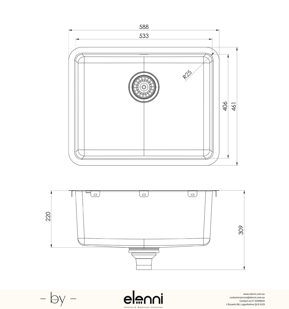 2000 Series Large Single Bowl Sink - Stainless Steel - Elenni specification drawing
