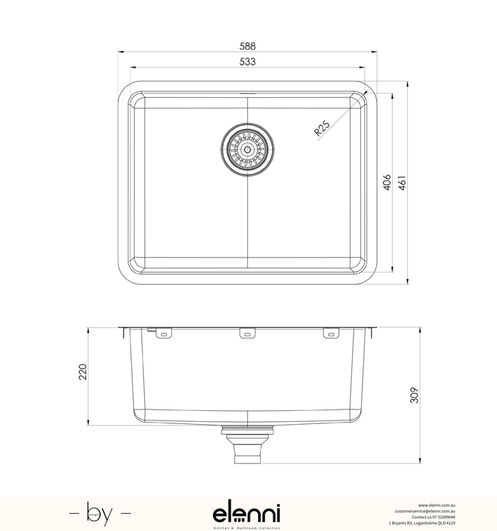 2000 Series Large Single Bowl Sink - Stainless Steel - Elenni specification drawing
