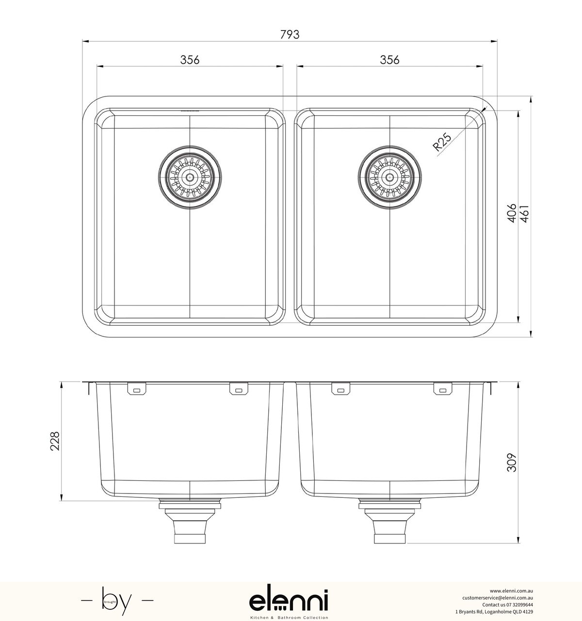 2000 Series Double Bowl Sink - Stainless Steel - Elenni specification drawing
