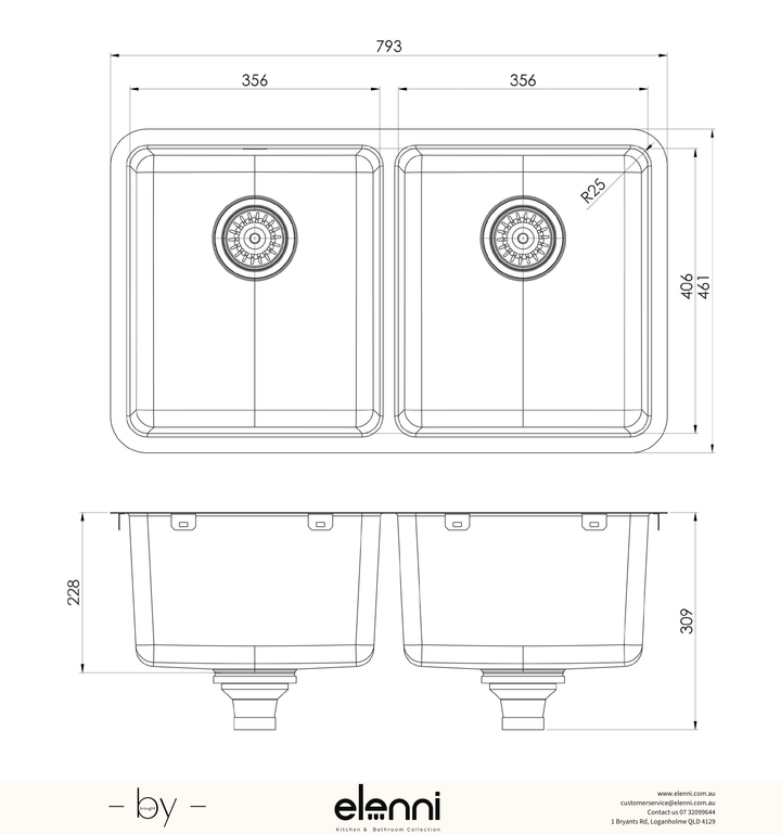 2000 Series Double Bowl Sink - Stainless Steel - Elenni specification drawing
