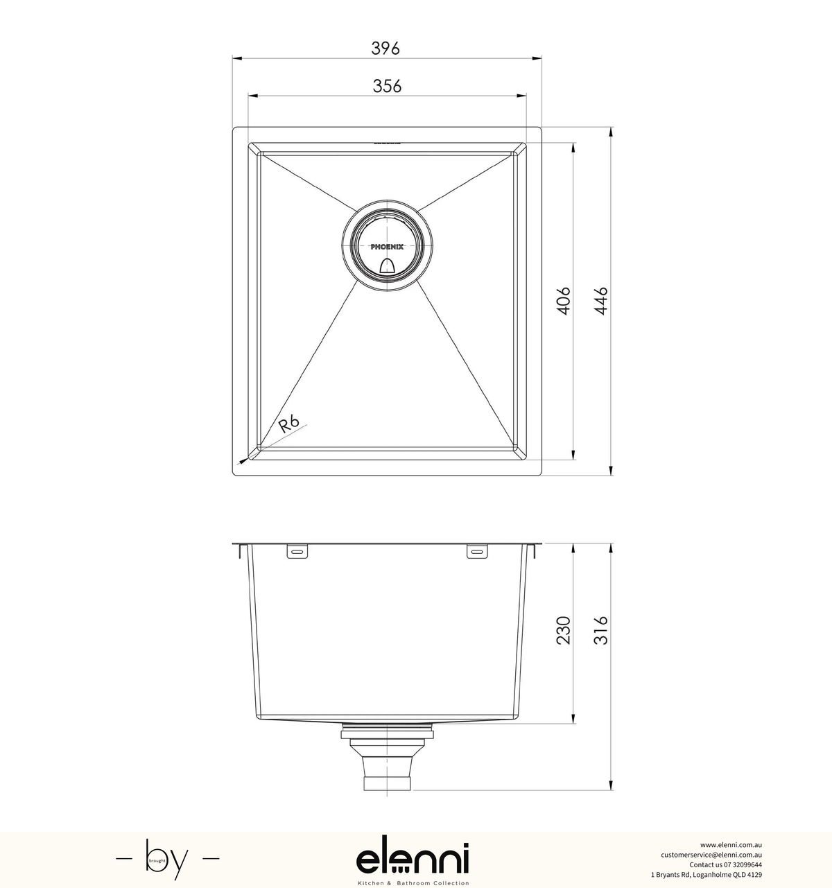 4000 Series Single Bowl Sink - Stainless Steel - Elenni specification drawing