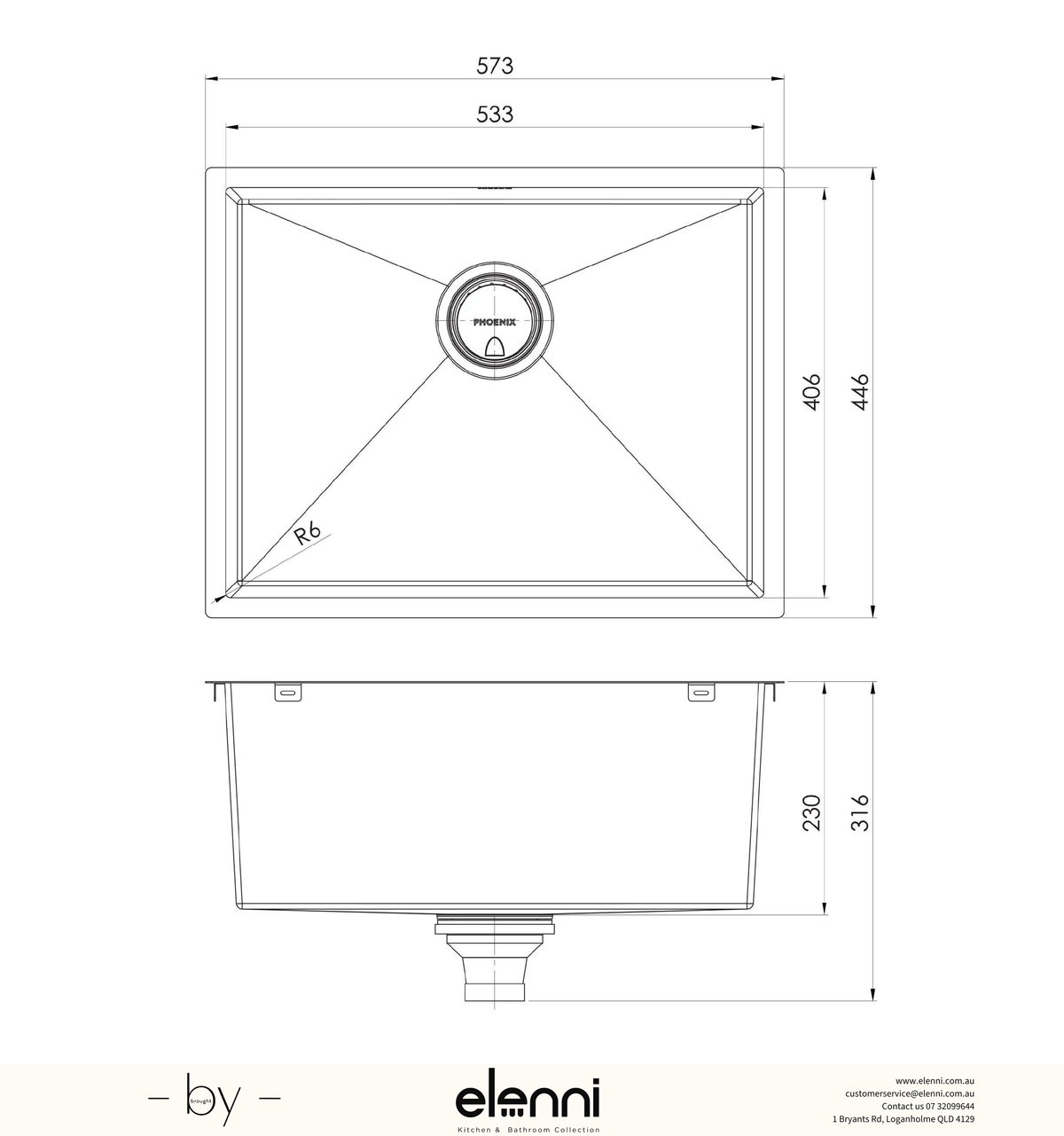 4000 Series Large Single Bowl Sink - Stainless Steel - Elenni specification drawing