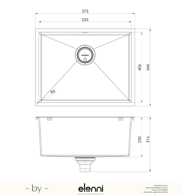 4000 Series Large Single Bowl Sink - Stainless Steel - Elenni specification drawing