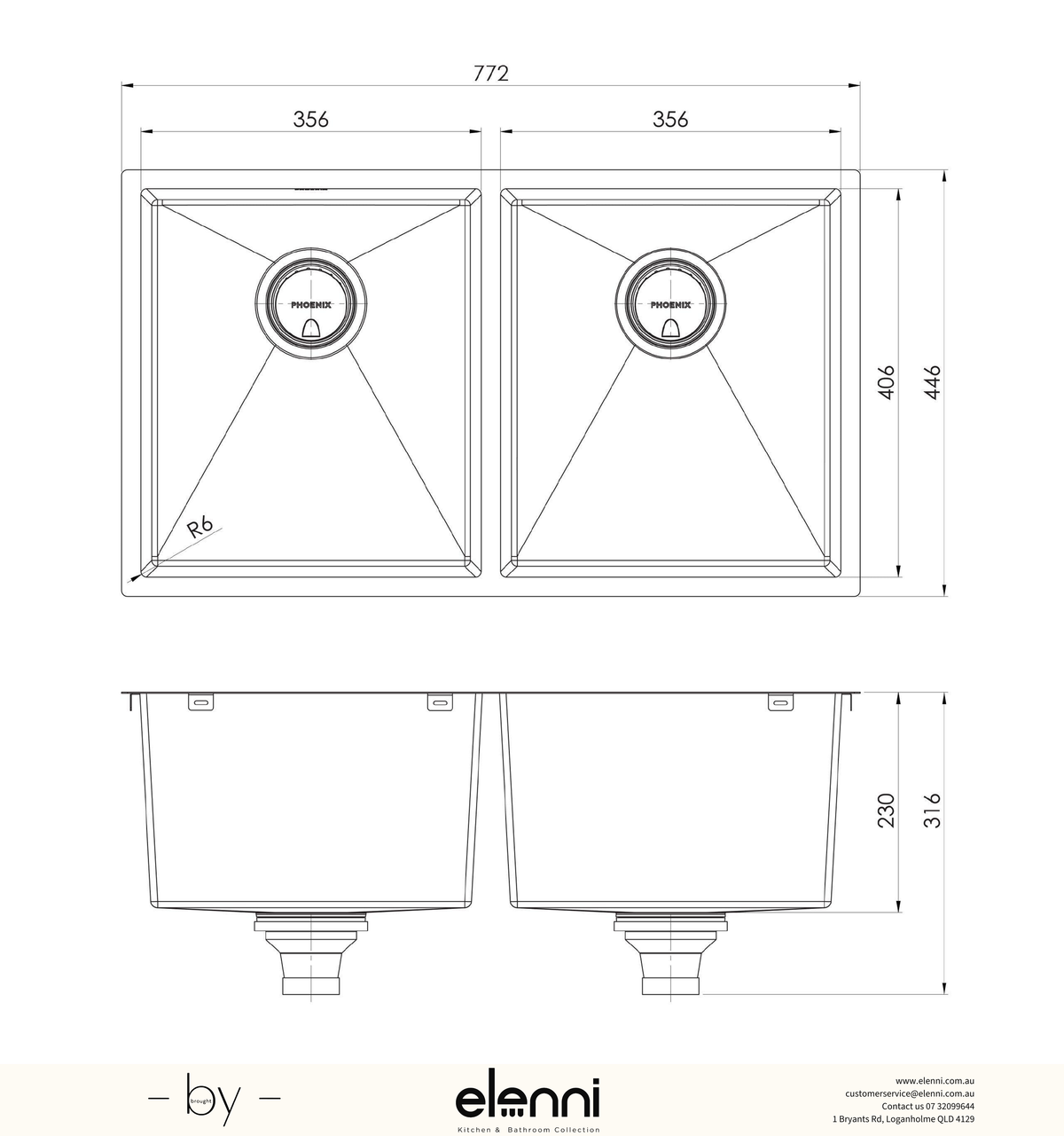 4000 Series Double Bowl Sink - Stainless Steel - Elenni specification drawing