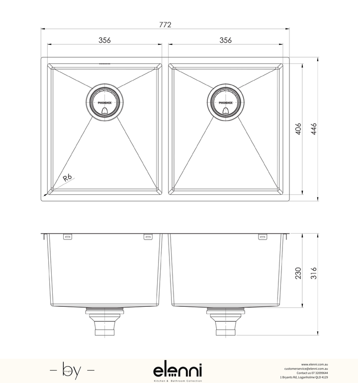 4000 Series Double Bowl Sink - Stainless Steel - Elenni specification drawing