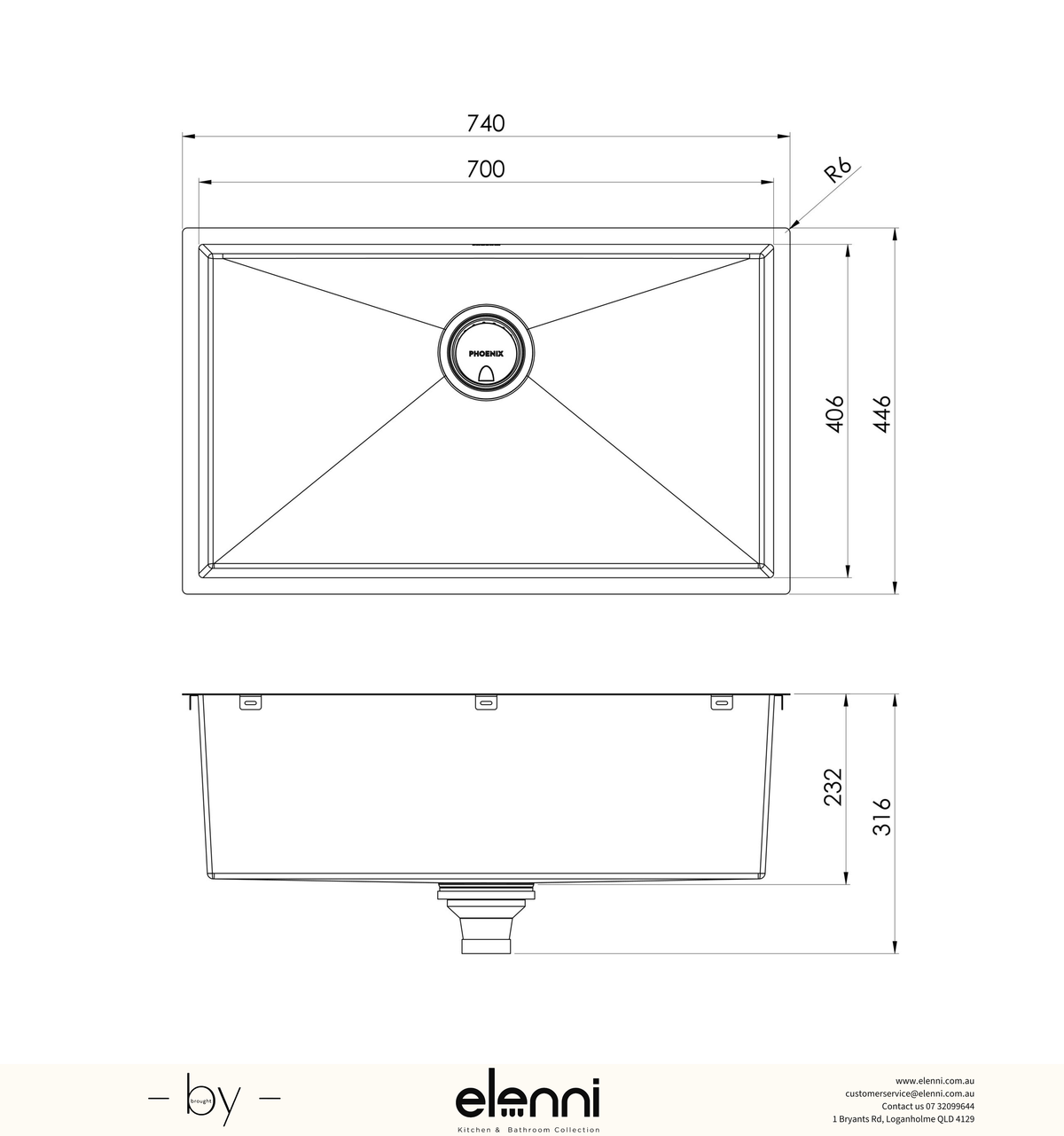 4000 Series Extra Large Single Bowl Sink 700mm - Stainless Steel - Elenni specification drawing