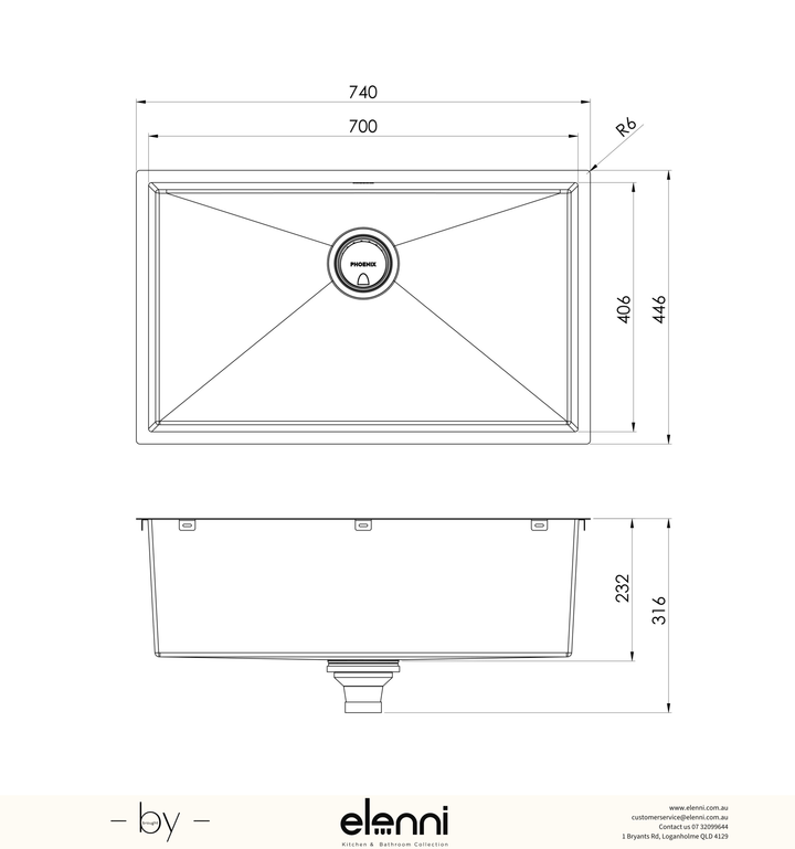 4000 Series Extra Large Single Bowl Sink 700mm - Stainless Steel - Elenni specification drawing
