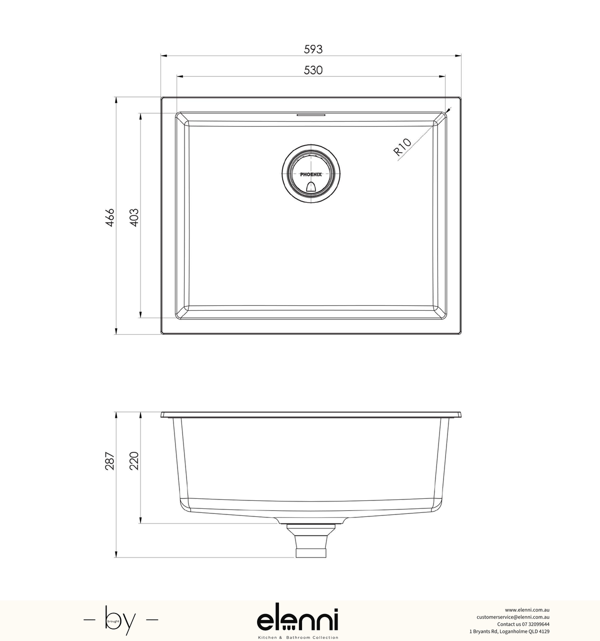 5000 Series Large Single Bowl Sink - Matte Black - Elenni specification drawing