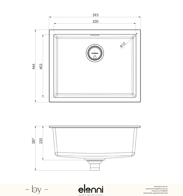 5000 Series Large Single Bowl Sink - Matte Black - Elenni specification drawing