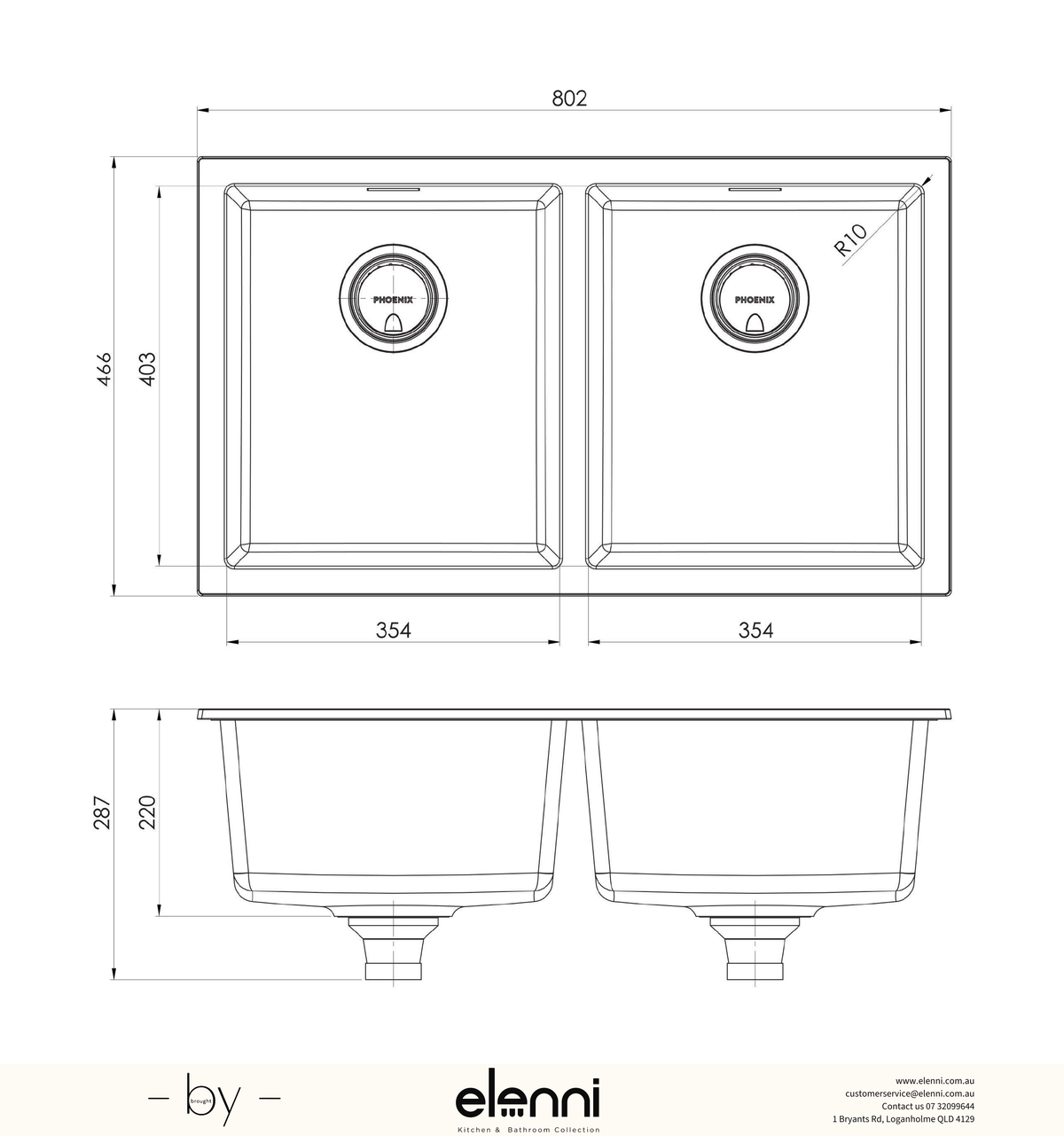 5000 Series Double Bowl Sink - Matte Black - Elenni specification drawing