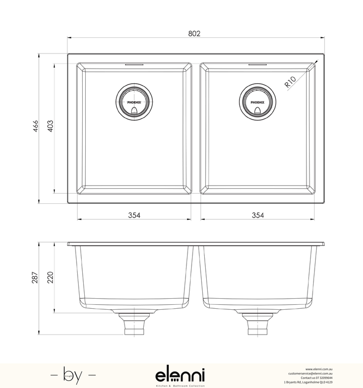 5000 Series Double Bowl Sink - Matte Black - Elenni specification drawing