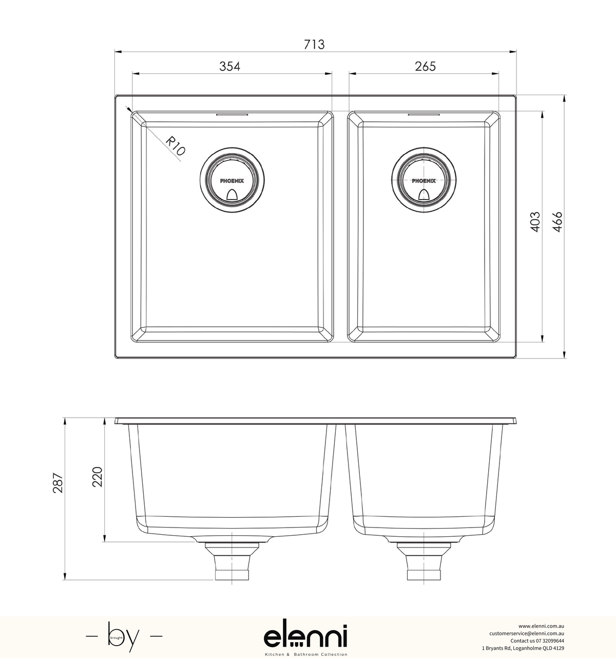 5000 Series 1 and 3/4 Left Hand Bowl Sink - Matte Black - Elenni specification drawing