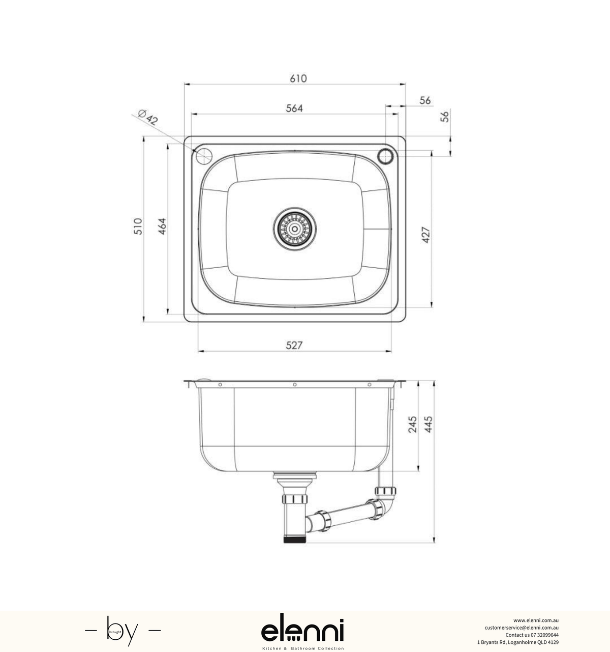 Laundry Trough 50 Litre - Stainless Steel - Elenni specification drawing