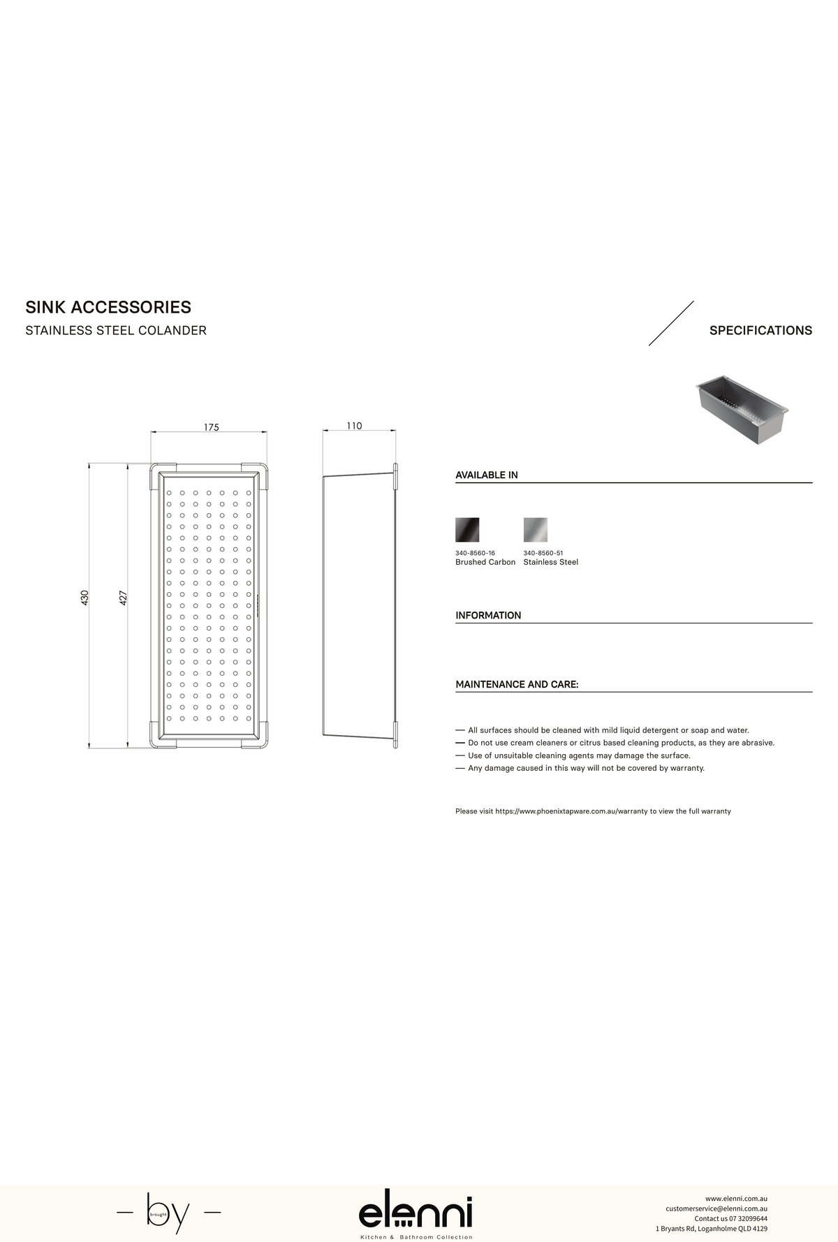 Stainless Steel Colander - Stainless Steel - Elenni specification drawing