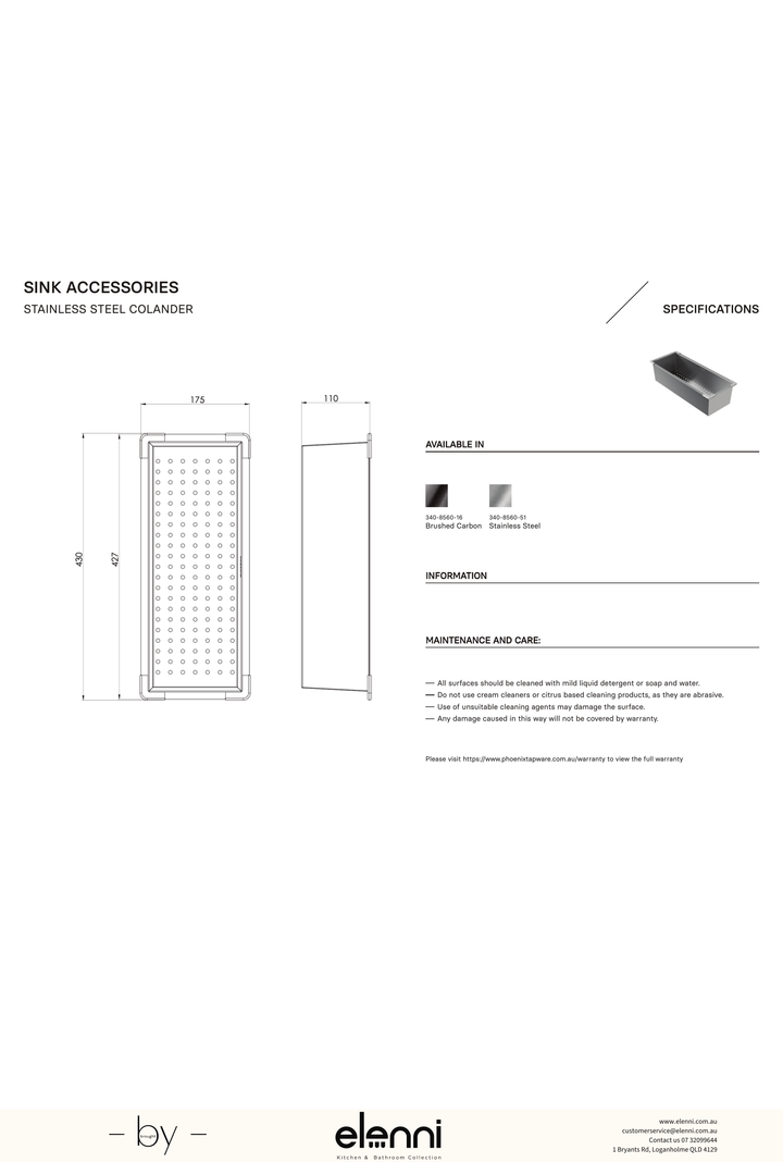 Stainless Steel Colander - Stainless Steel - Elenni specification drawing