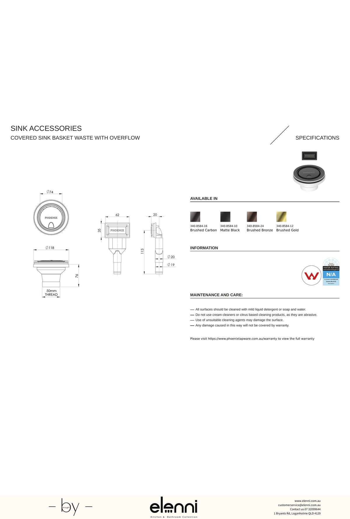 Covered Sink Basket Waste with Overflow - Elenni specification drawing