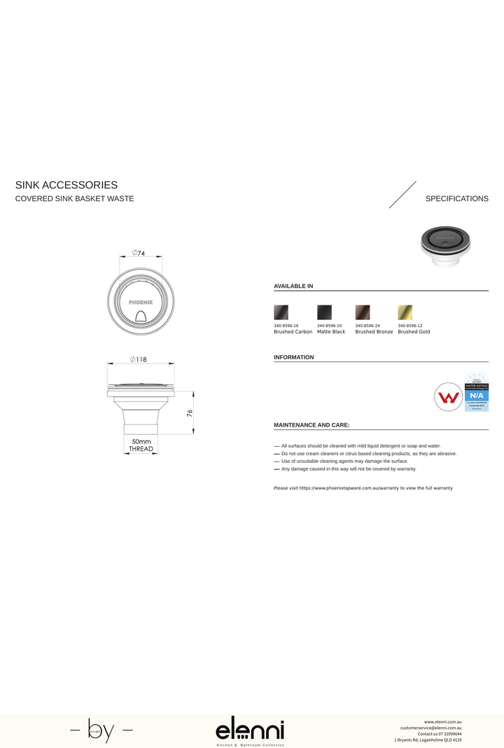 Covered Sink Basket Waste - Brushed Gold - Elenni specification drawing