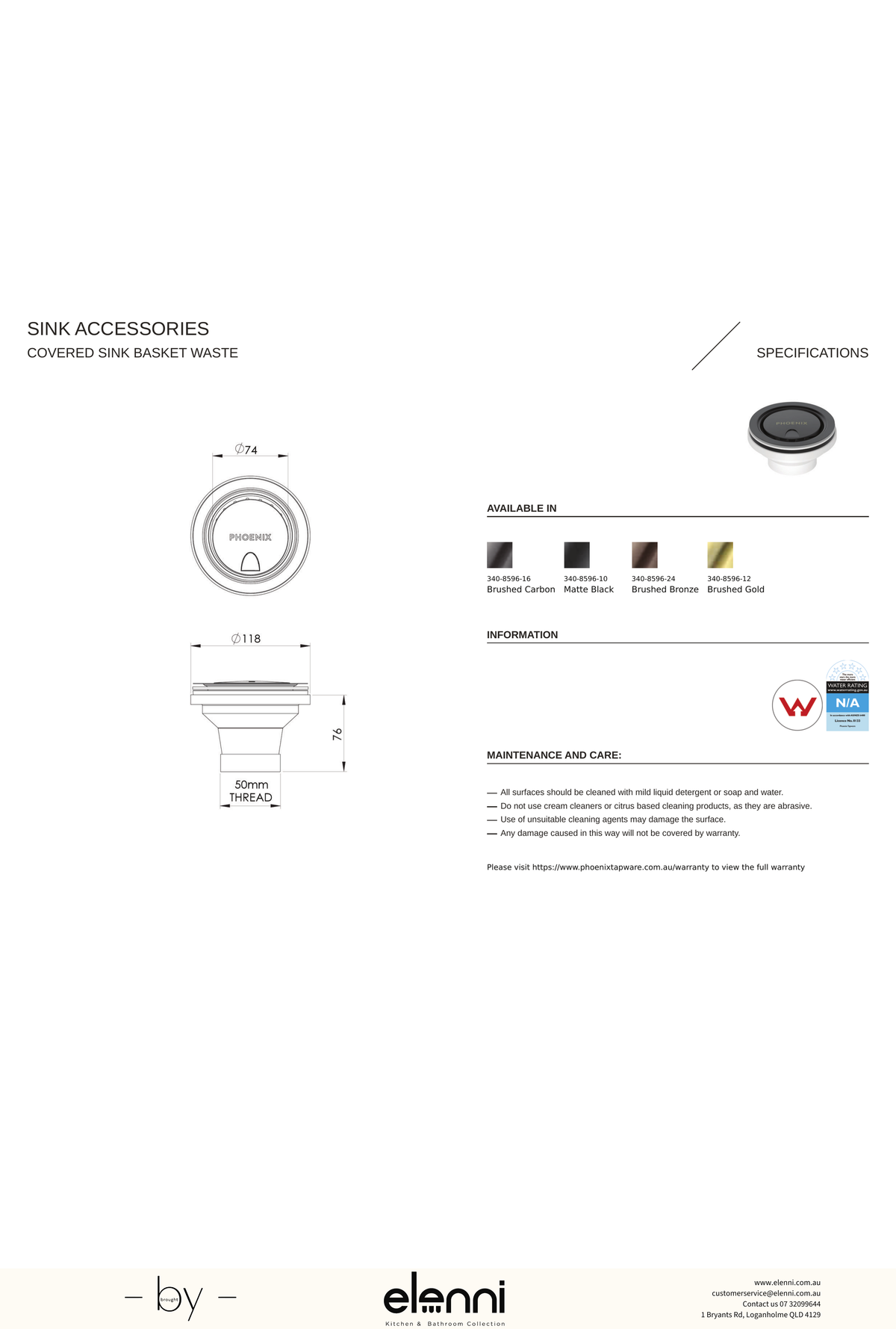 Covered Sink Basket Waste - Elenni specification drawing