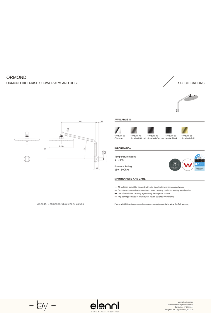 Ormond High Rise Shower Rose &amp; Arm - Elenni specification drawing