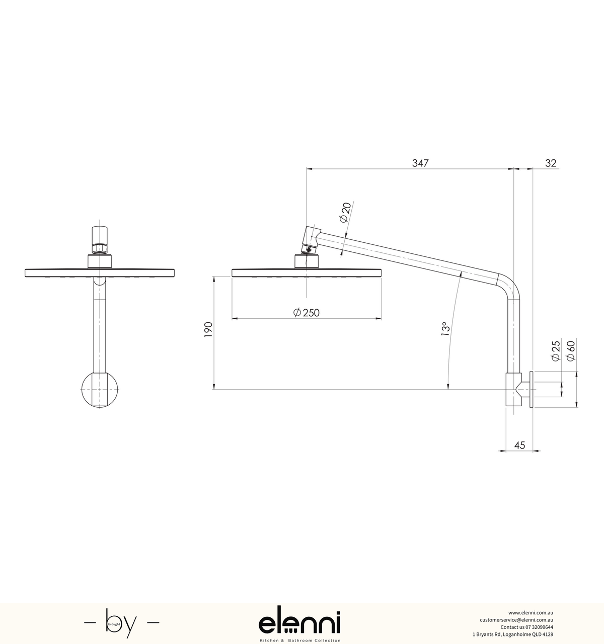 Ormond High-Rise Shower Arm and Rose - 4 Star - Elenni specification drawing