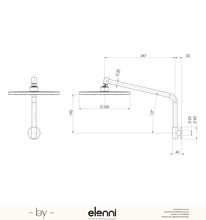 Ormond High-Rise Shower Arm and Rose - 4 Star - Elenni specification drawing