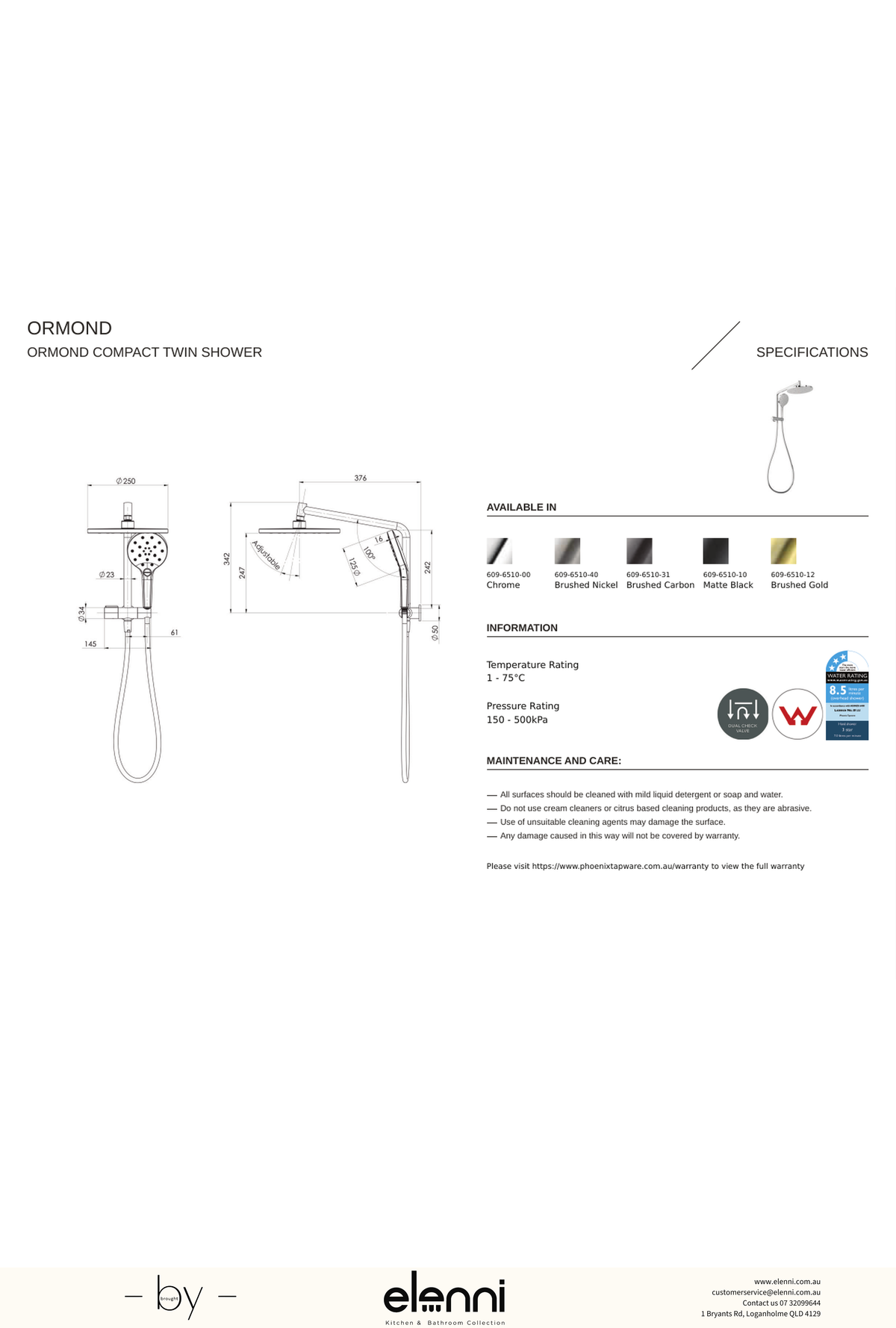 Ormond Compact Twin Shower - Elenni specification drawing