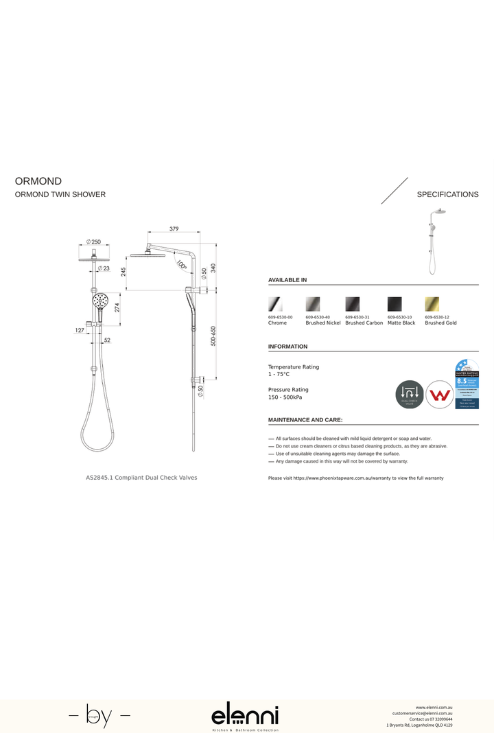 Ormond Twin Shower - Elenni specification drawing