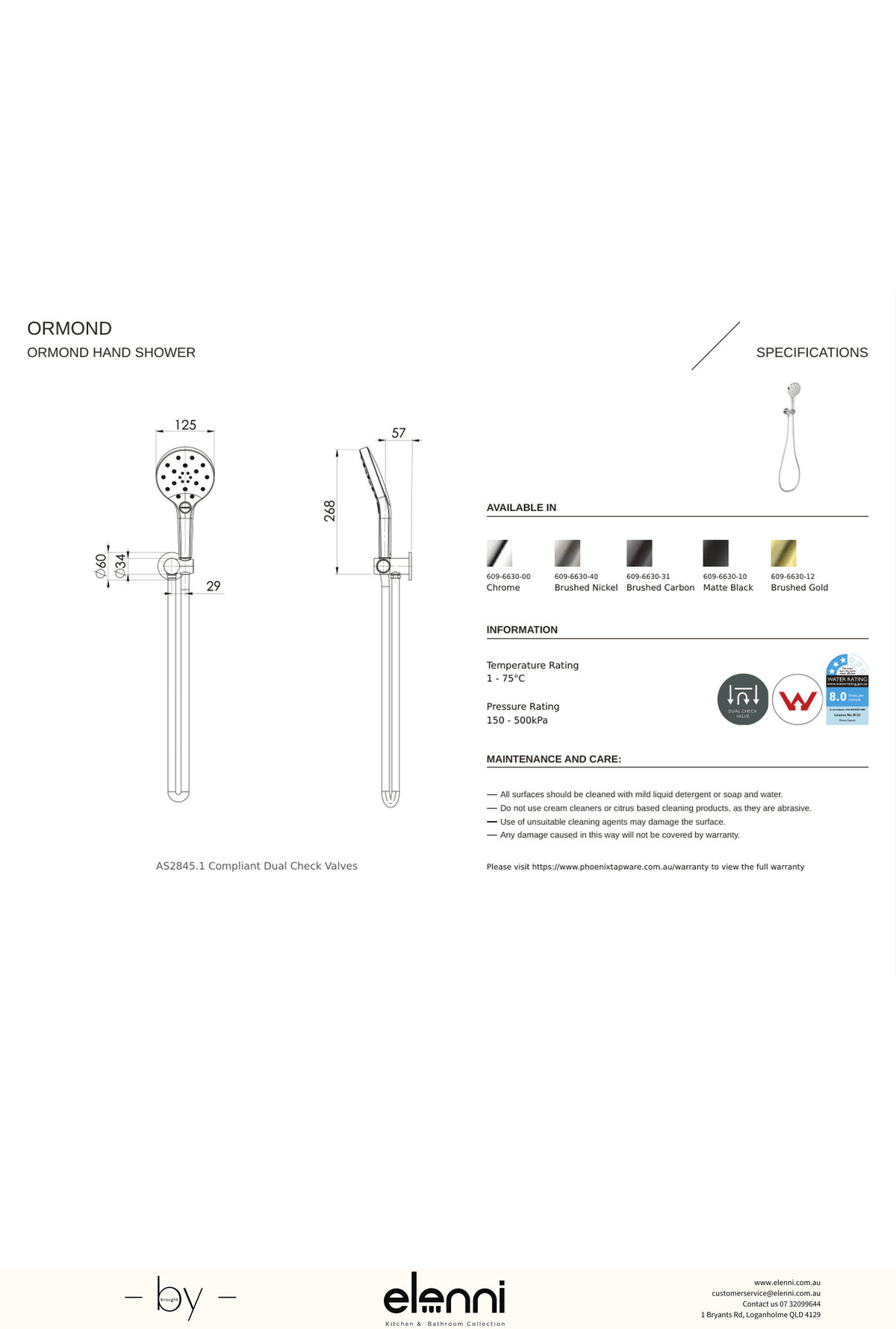 Ormond Hand Shower - Elenni specification drawing